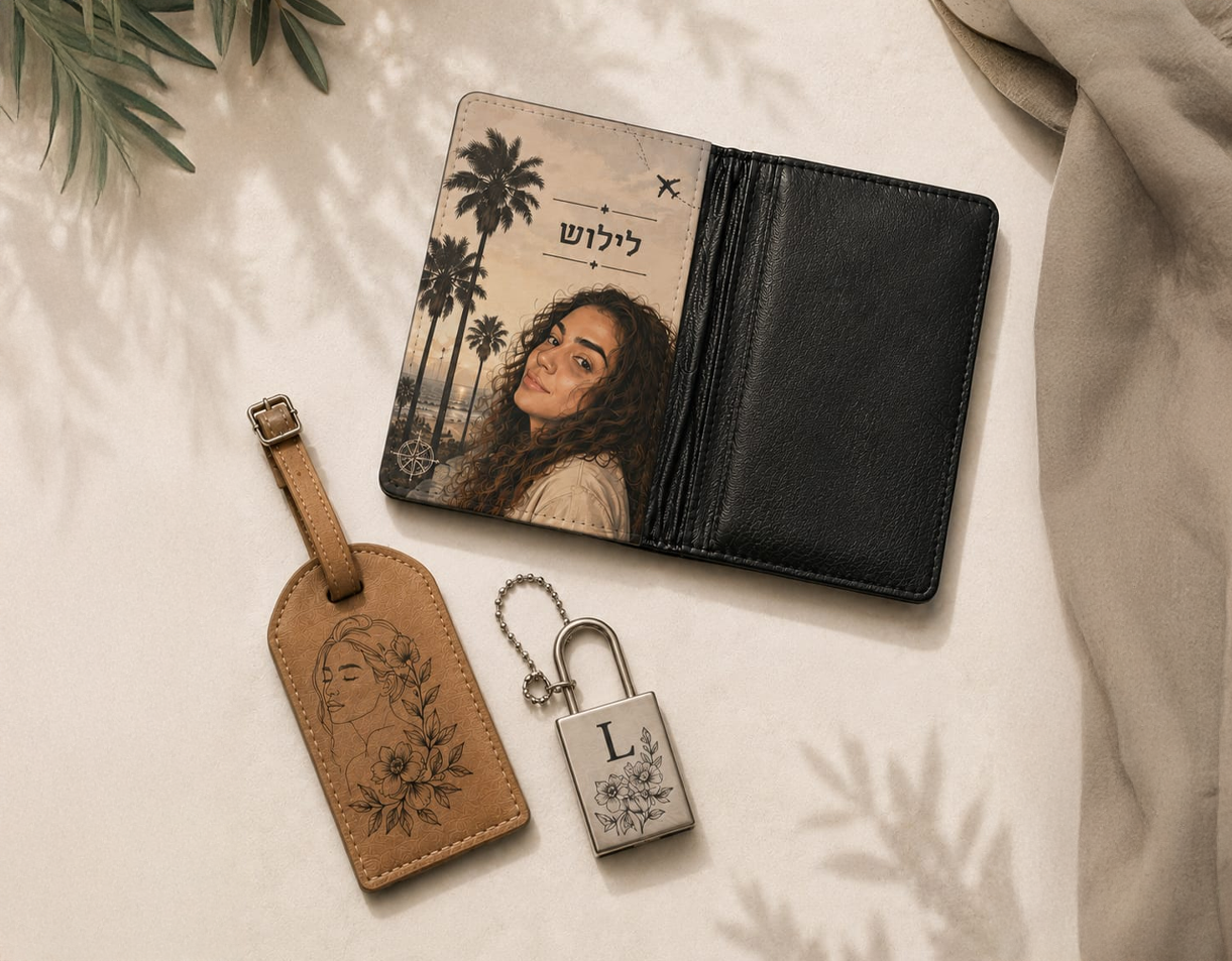 מארז "מוכנים להמראה" – כיסוי לדרכון, מנעול ותג למזוודה בהתאמה אישית