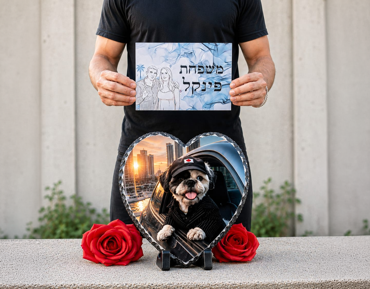 מארז "ברוכים הבאים" - שלט לדלת ומעמד תמונה מאבן בזלת – תמונה 3