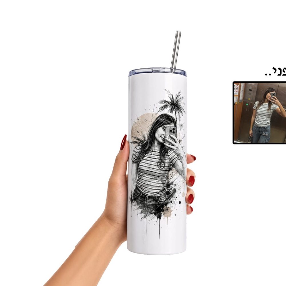 כוס תרמית גבוהה עם קש ממתכת בעיצוב אישי